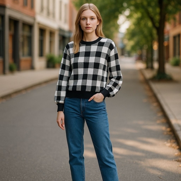 Marled Tops - Marled Black And White Checkered Crewneck Pullover Sweater